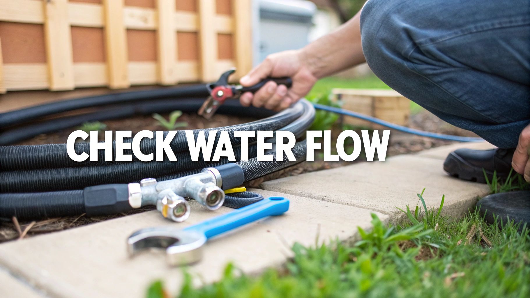 A person kneels to check water flow with tools and a black hose, troubleshooting an outdoor plumbing system.