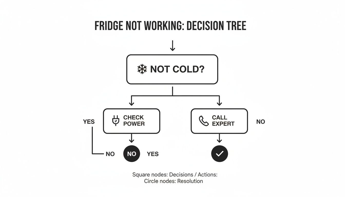 A flowchart decision tree for troubleshooting a non-working fridge, guiding users to check power or call an expert.