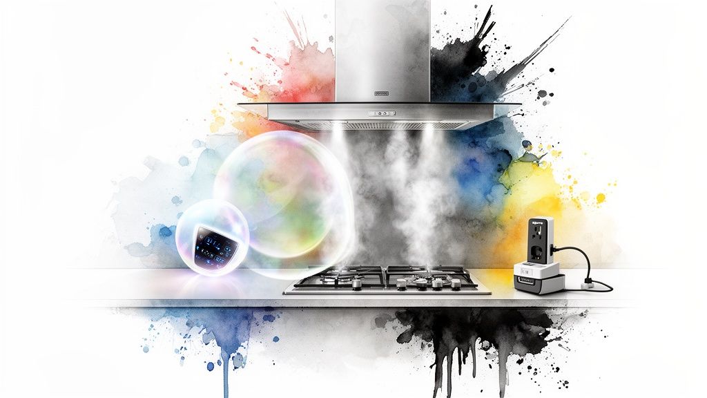 Modern kitchen featuring a sleek range hood, gas cooktop, smart devices in bubbles, and a colorful watercolor background.