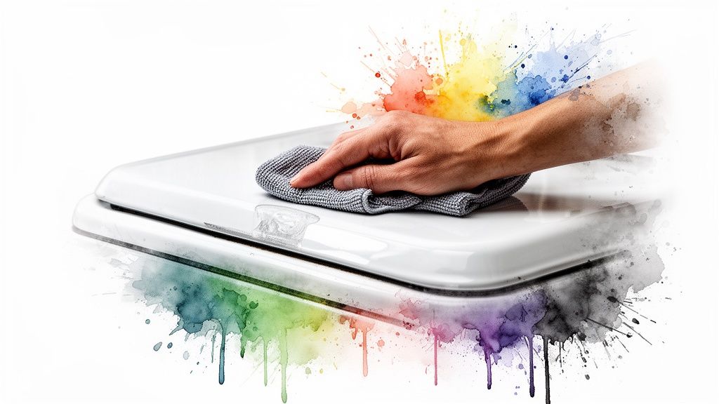 A hand cleans a white toilet seat with a grey microfiber cloth, surrounded by vibrant watercolor splashes.