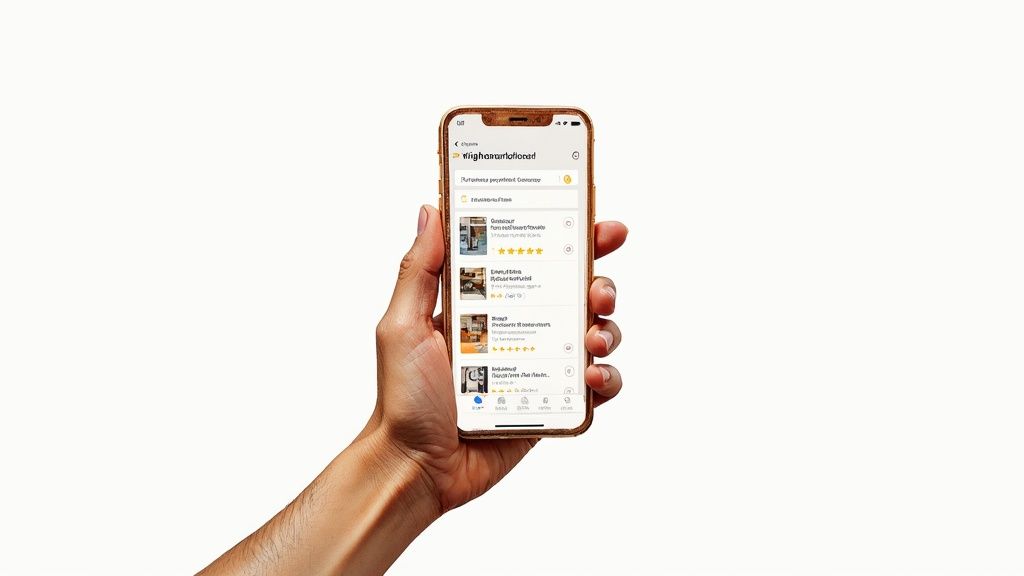 A hand holding a gold smartphone displaying a local service listing app with ratings.