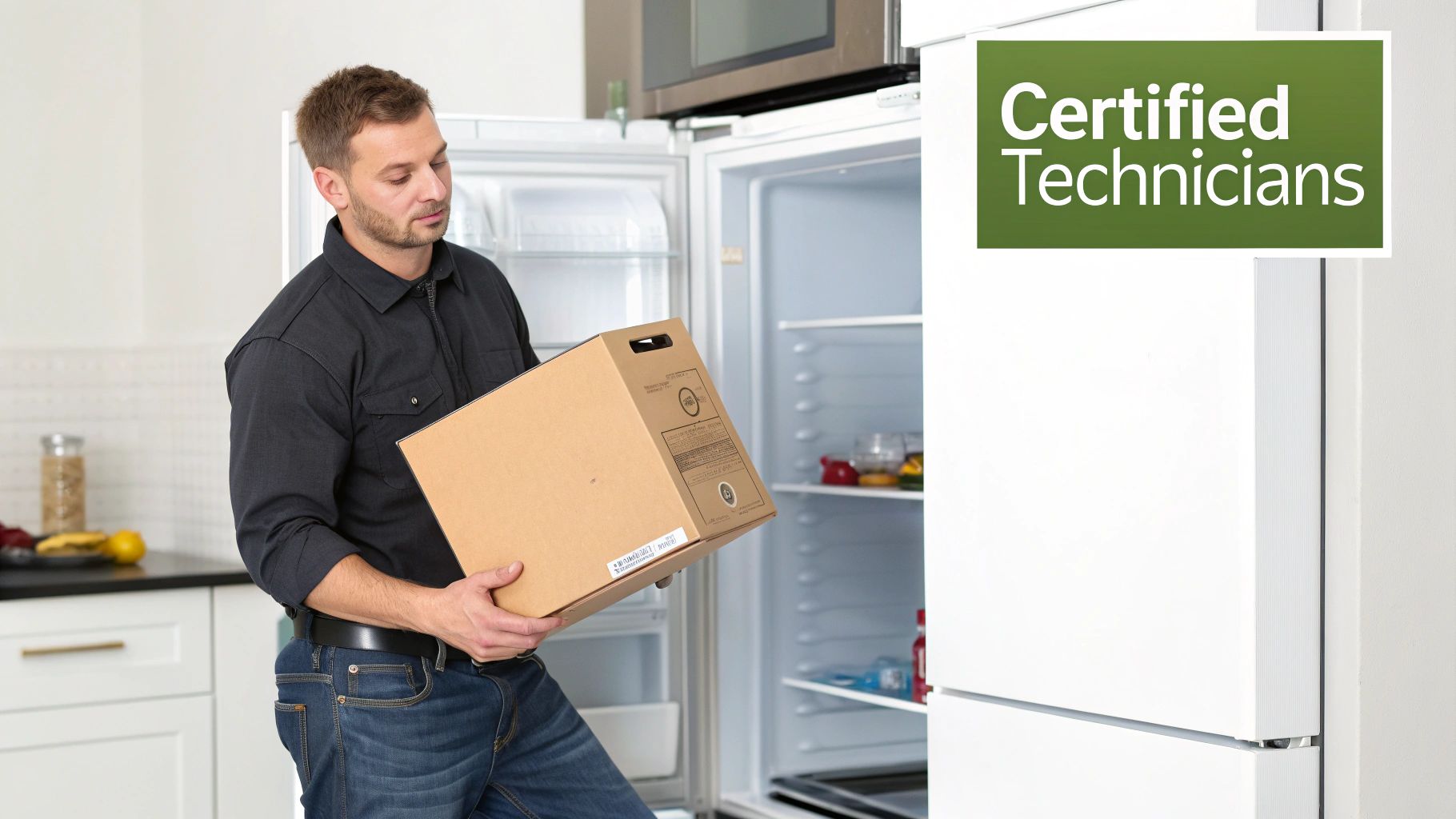 A male technician holds a cardboard box in front of an open white refrigerator in a modern kitchen.