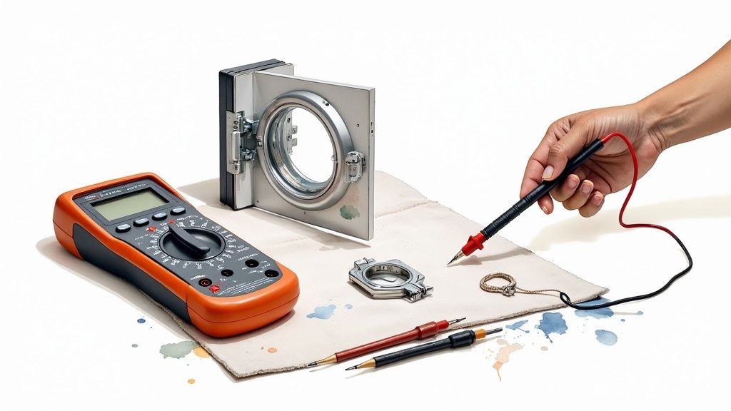 Electronic repair scene with multimeter, test leads, and a washing machine door on a white cloth.