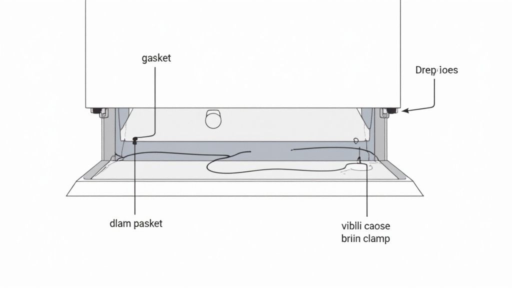 Diagram showing internal components of a dishwasher, including a gasket and connected hoses.