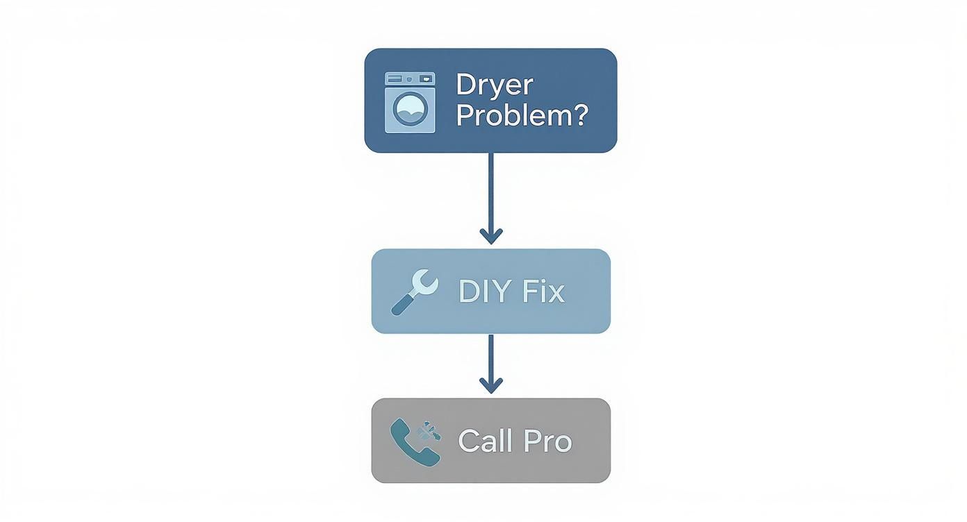 A flowchart detailing steps for a dryer problem: first try a DIY fix, then call a professional.