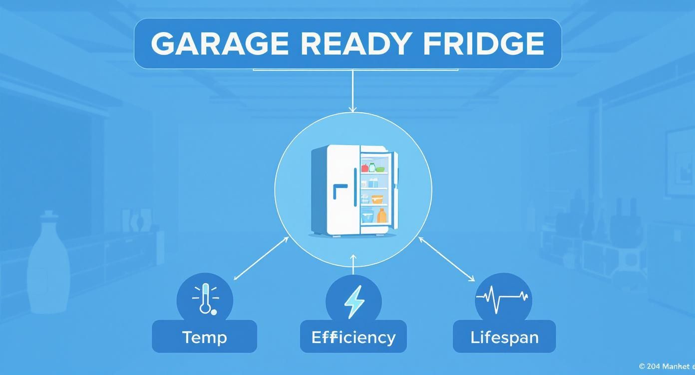 Infographic illustrating a garage ready fridge highlighting its key features: temperature, efficiency, and lifespan.