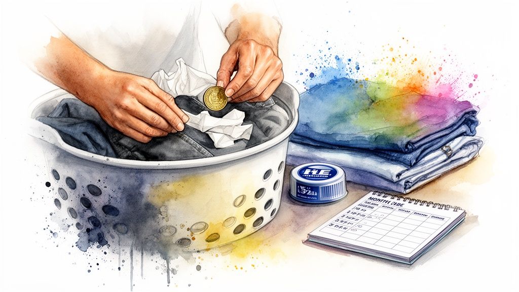 A person pulls clothes from a laundry basket, finding a gold coin, with folded laundry and detergent nearby.