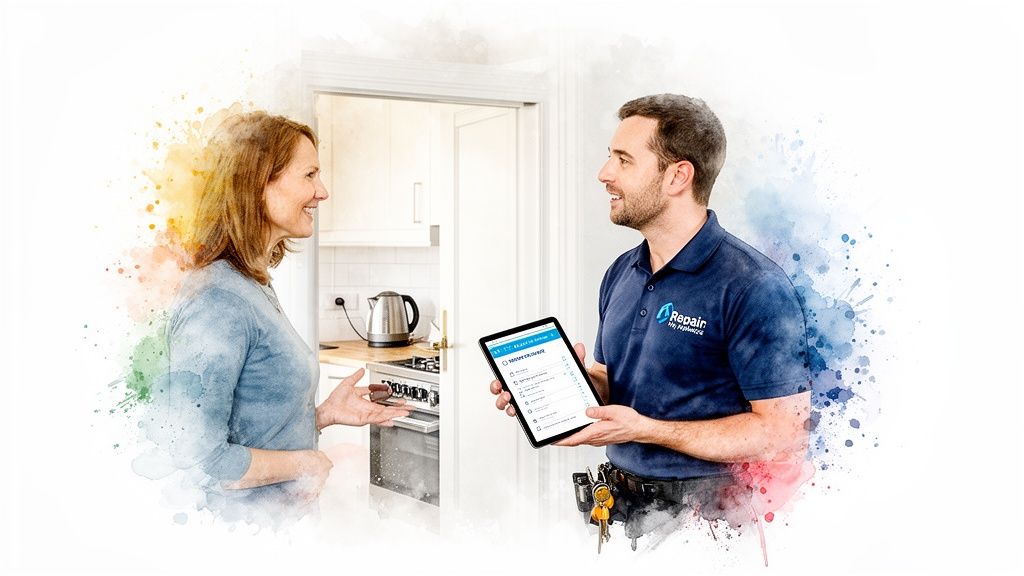 A home appliance repairman discusses service details with a customer in her kitchen.