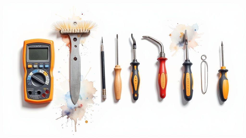 A neatly arranged collection of various repair tools and a digital multimeter on a white background.