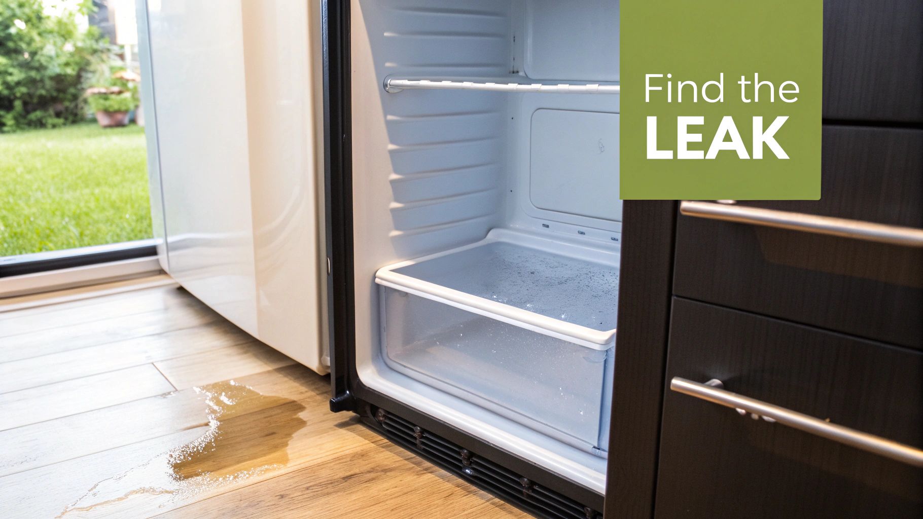 Open refrigerator with water pooling on floor showing leak at bottom of appliance