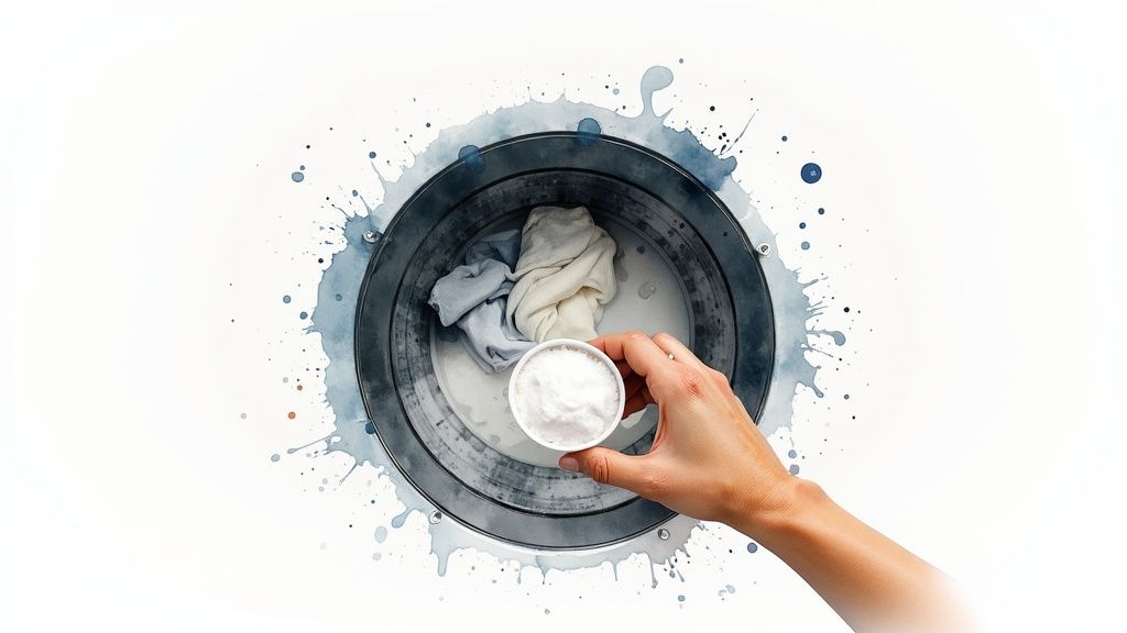 Hand adding laundry detergent to clothes in a top-loading washing machine with watercolor splashes.