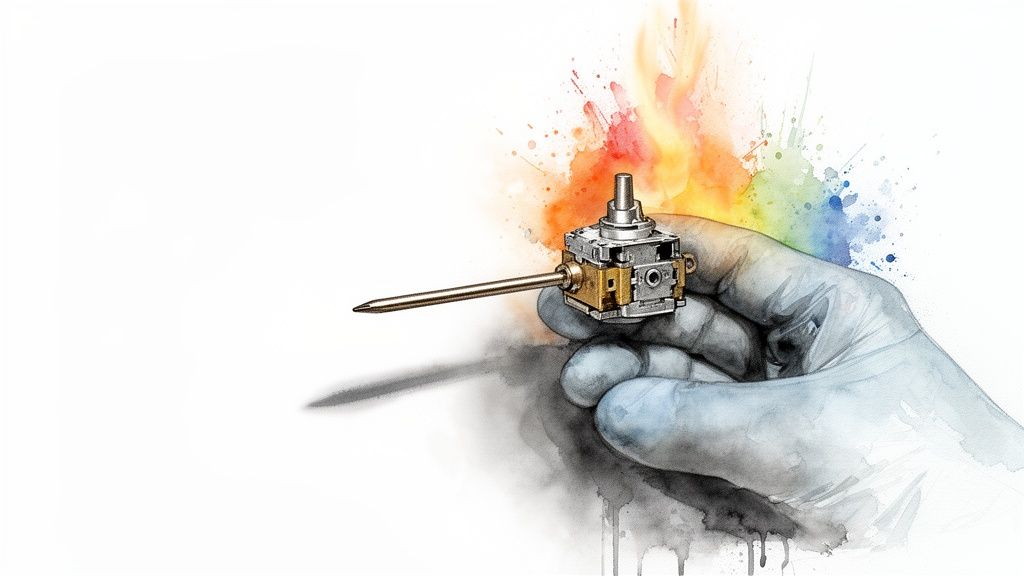 Gloved hand holds a temperature control device with a probe amidst vibrant watercolor splashes.