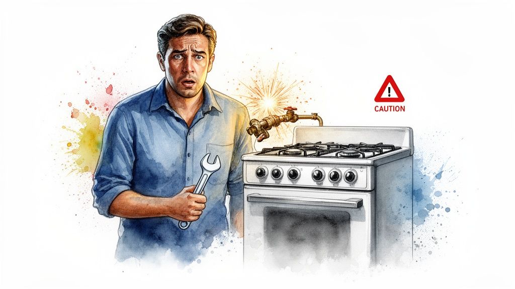 Concerned man with a wrench next to a sparking gas stove and a caution sign.