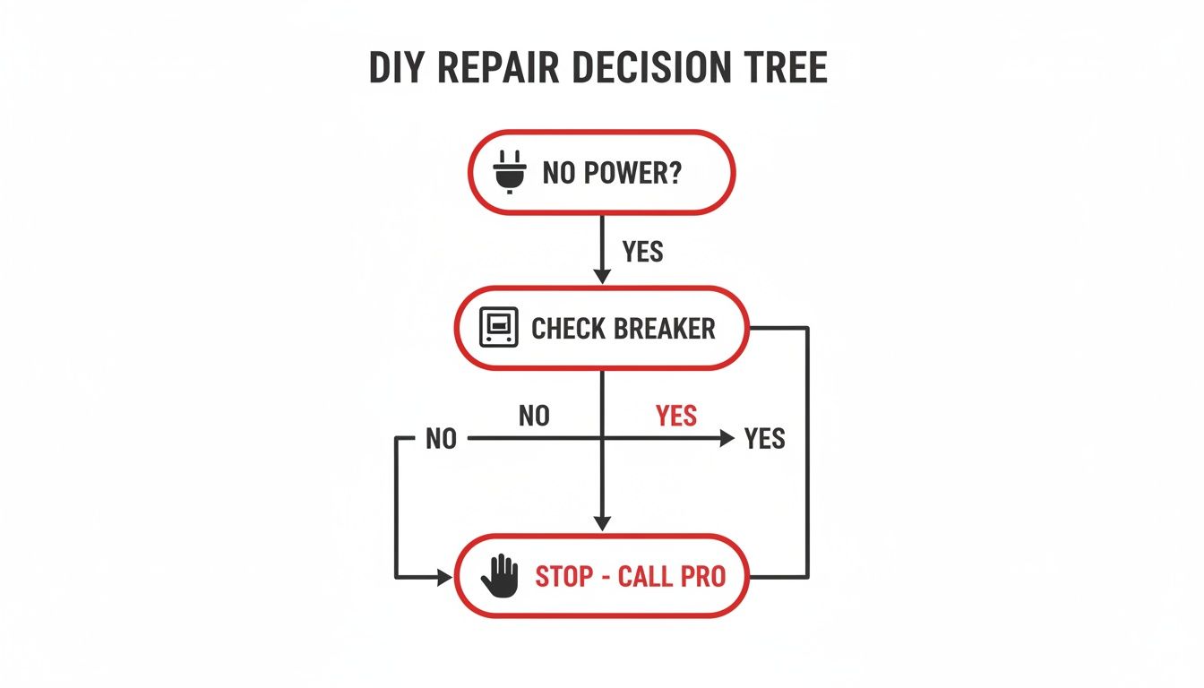 A DIY repair decision tree flowchart for troubleshooting 'no power' issues, suggesting checking the breaker or calling a professional.