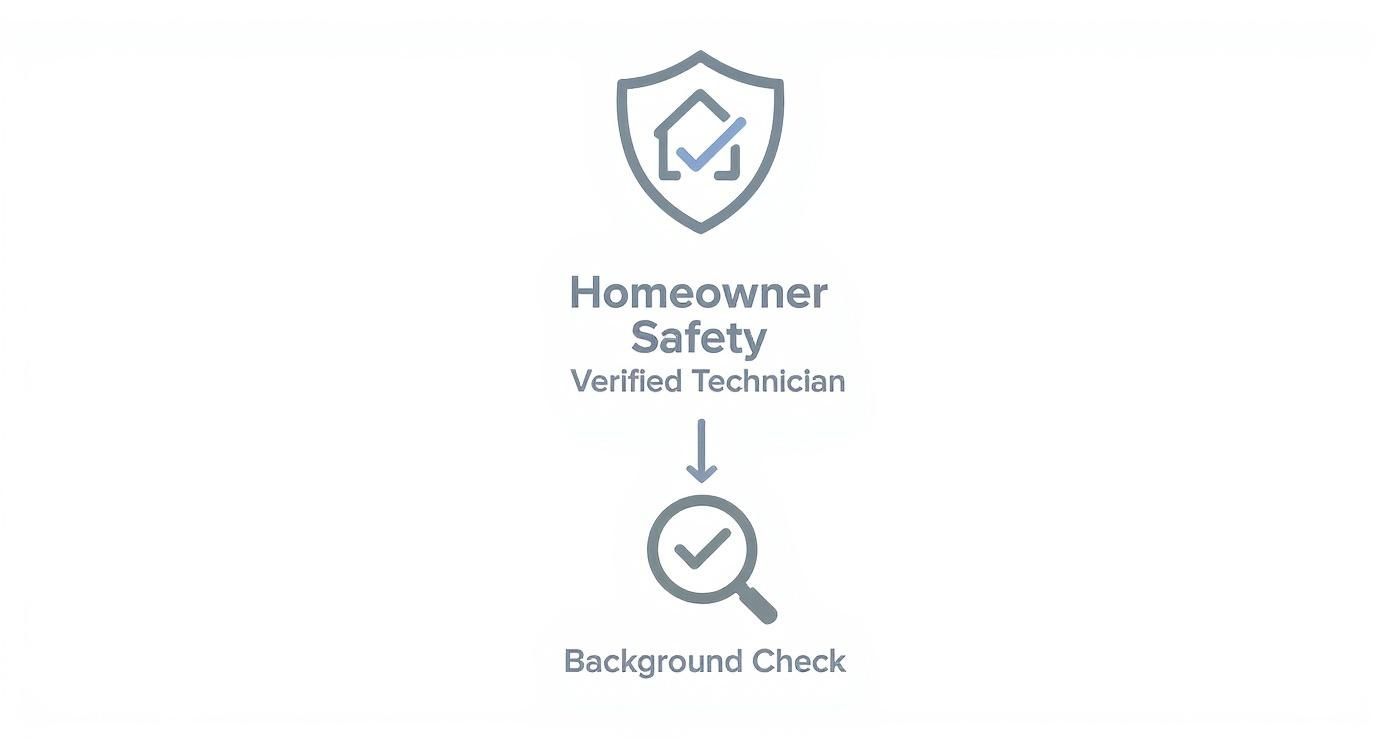 Diagram illustrating homeowner safety through verified technicians who pass a background check.