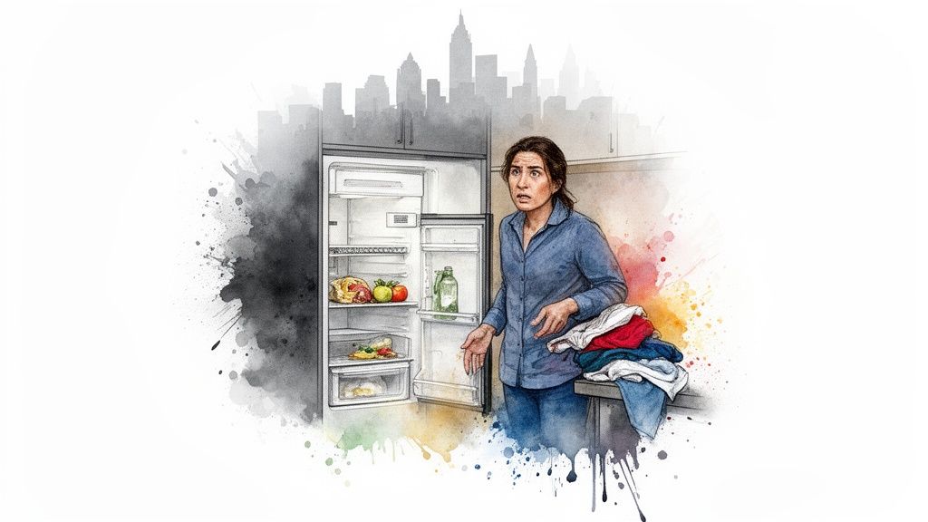 A worried woman stands in front of a partially empty refrigerator in a city apartment, with laundry on a table.