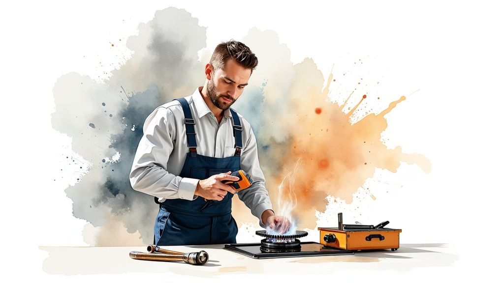 A male technician wearing overalls uses a device to inspect a gas burner, ensuring safety.