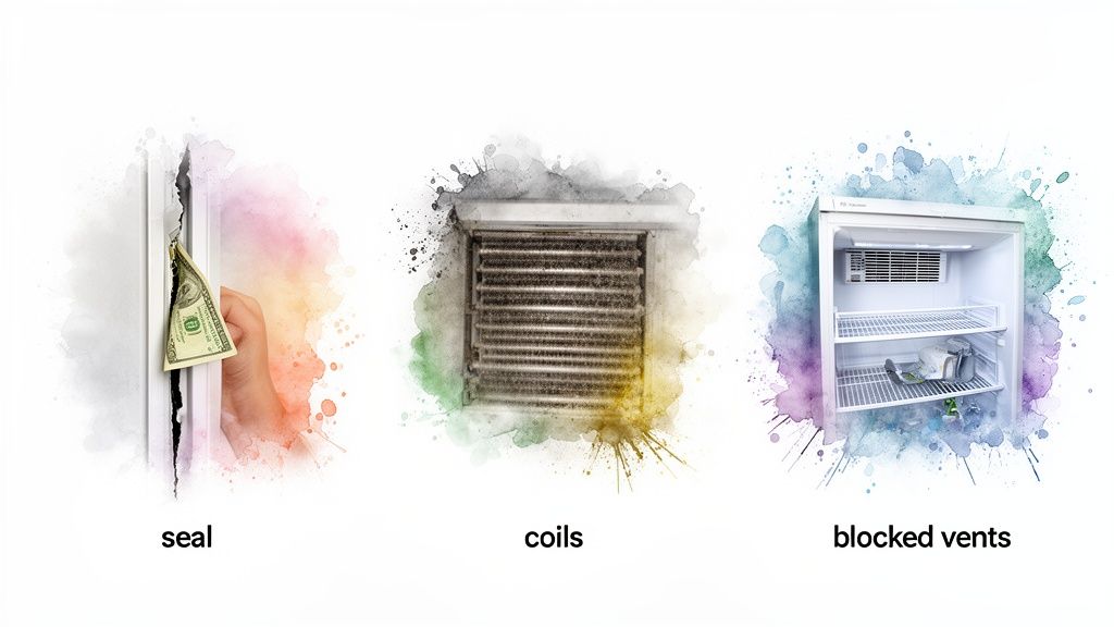 Three images illustrate common refrigerator problems: a leaky seal, dirty coils, and blocked vents.