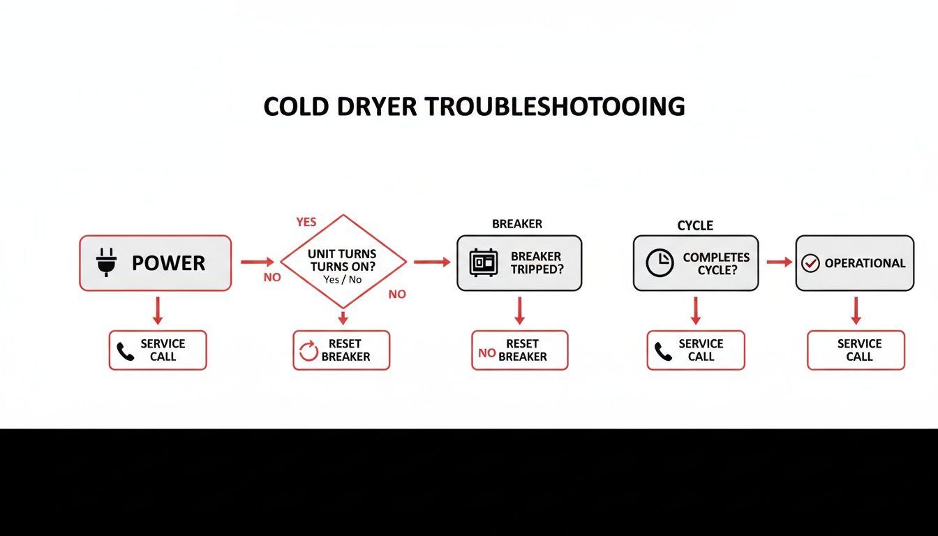 Flowchart for cold dryer troubleshooting, guiding through power, breaker, and cycle checks.