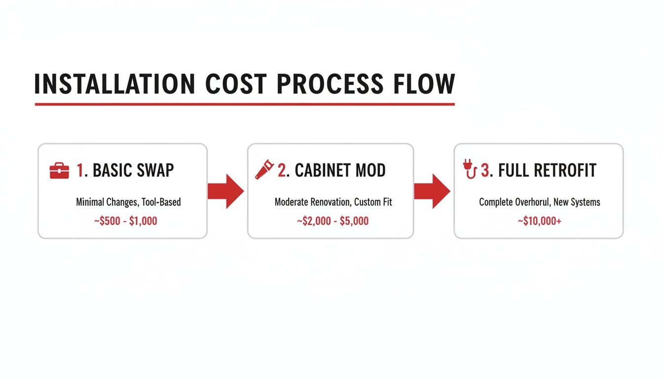 Installation cost process flow diagram showing basic swap, cabinet mod, and full retrofit stages with associated costs.