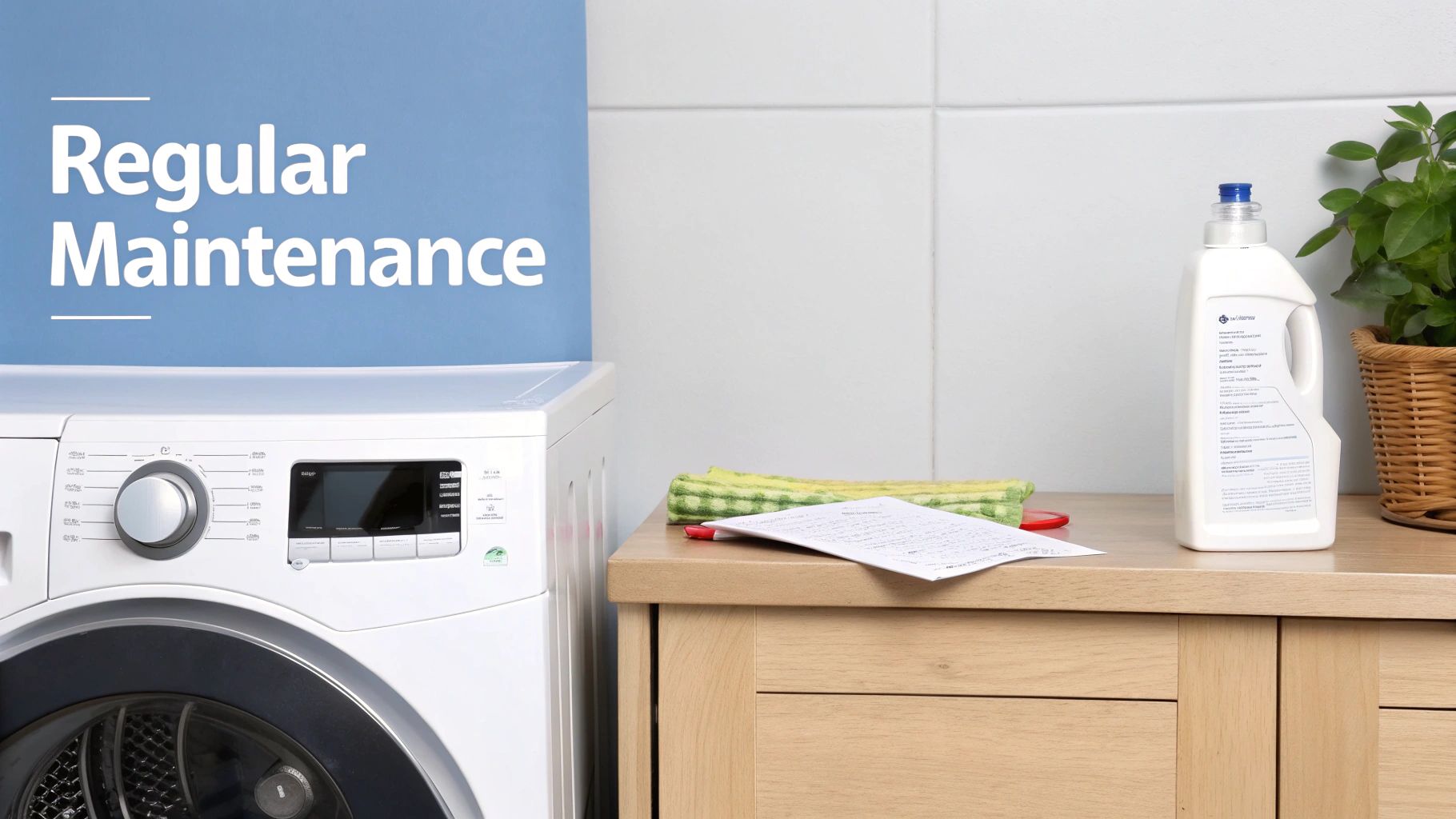 A white front-load washing machine with a blue 'Regular Maintenance' sign and cleaning supplies.