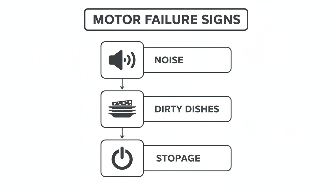 Visual flowchart illustrating common motor failure signs: noise, dirty dishes, and machine stoppage.