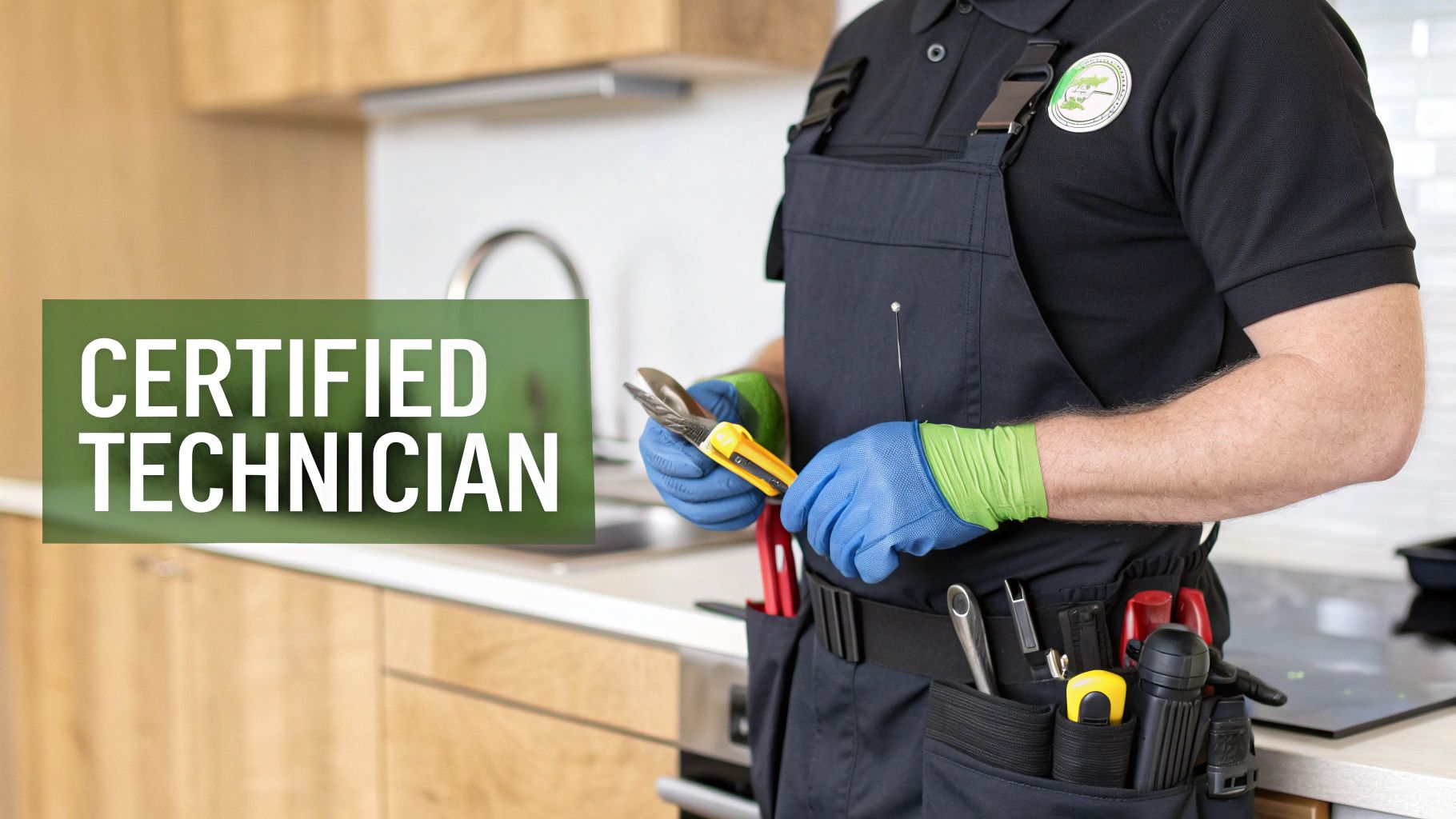 A professional certified technician in uniform, holding tools, ready for repair work in a kitchen.