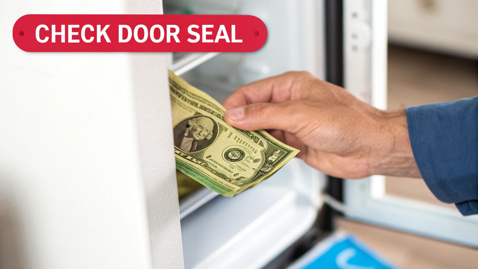 A hand places a dollar bill into a refrigerator door seal to check its effectiveness, with a 'CHECK DOOR SEAL' banner.