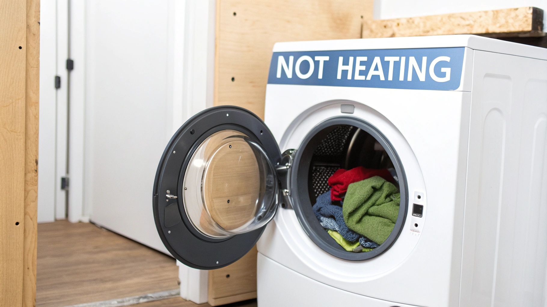 White front-load washing machine with open door displaying colorful towels and not heating sign