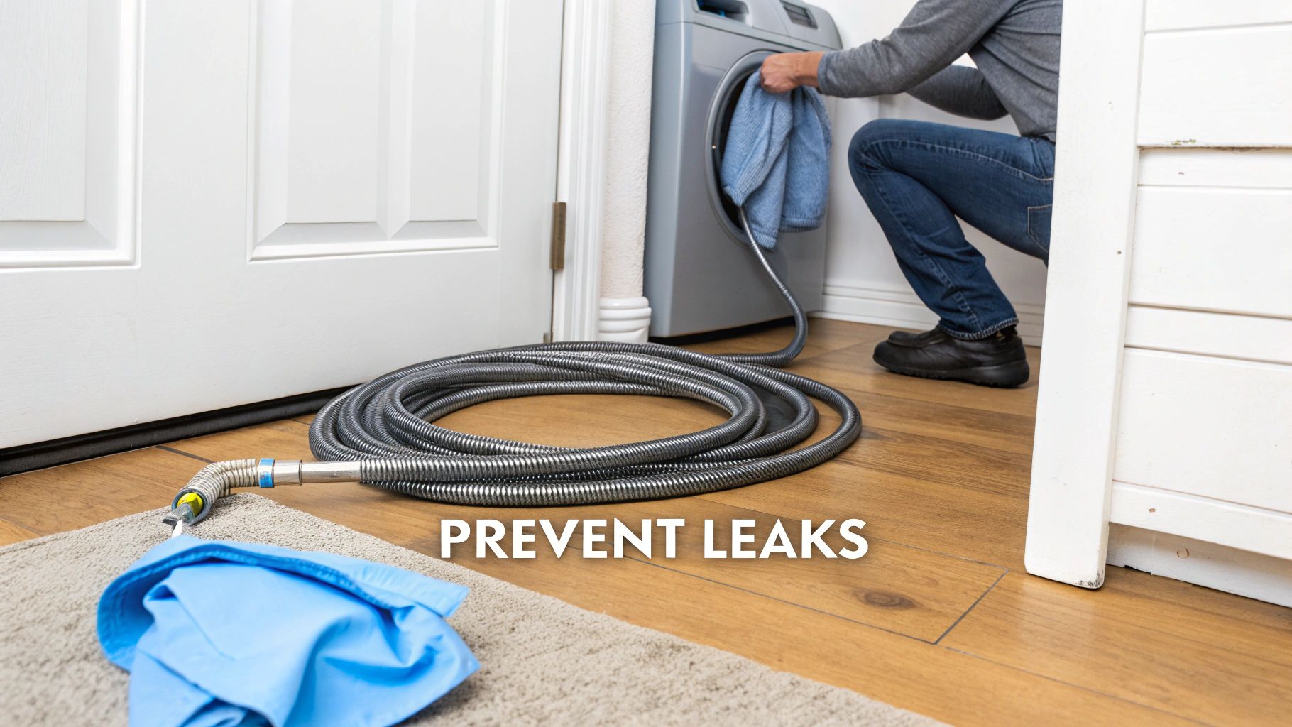 Person loading laundry into washing machine with drainage hose on floor to prevent leaks