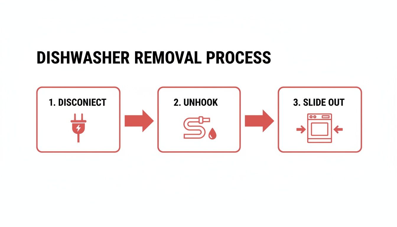 A diagram illustrating the three-step dishwasher removal process: disconnect power, unhook hoses, then slide out the unit.