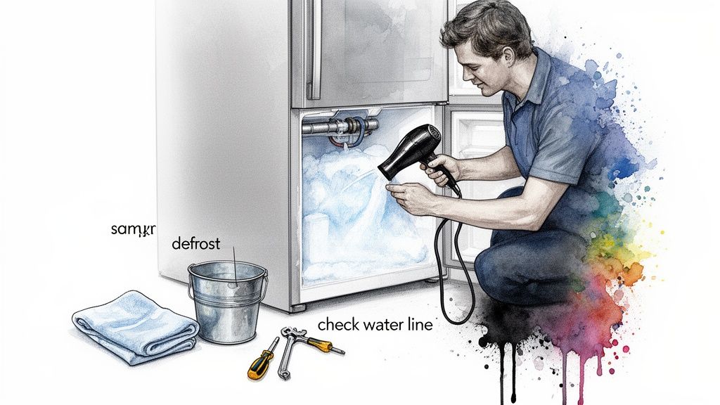 A man defrosts a Samsung refrigerator's icy freezer compartment using a hairdryer, with a bucket and tools nearby.