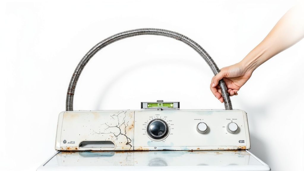 A hand adjusts a flexible metal hose on an old, rusty washing machine with a spirit level placed on top.