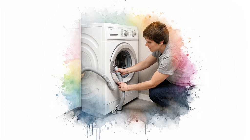 A person crouches to connect a grey drain hose to a white front-load washing machine.