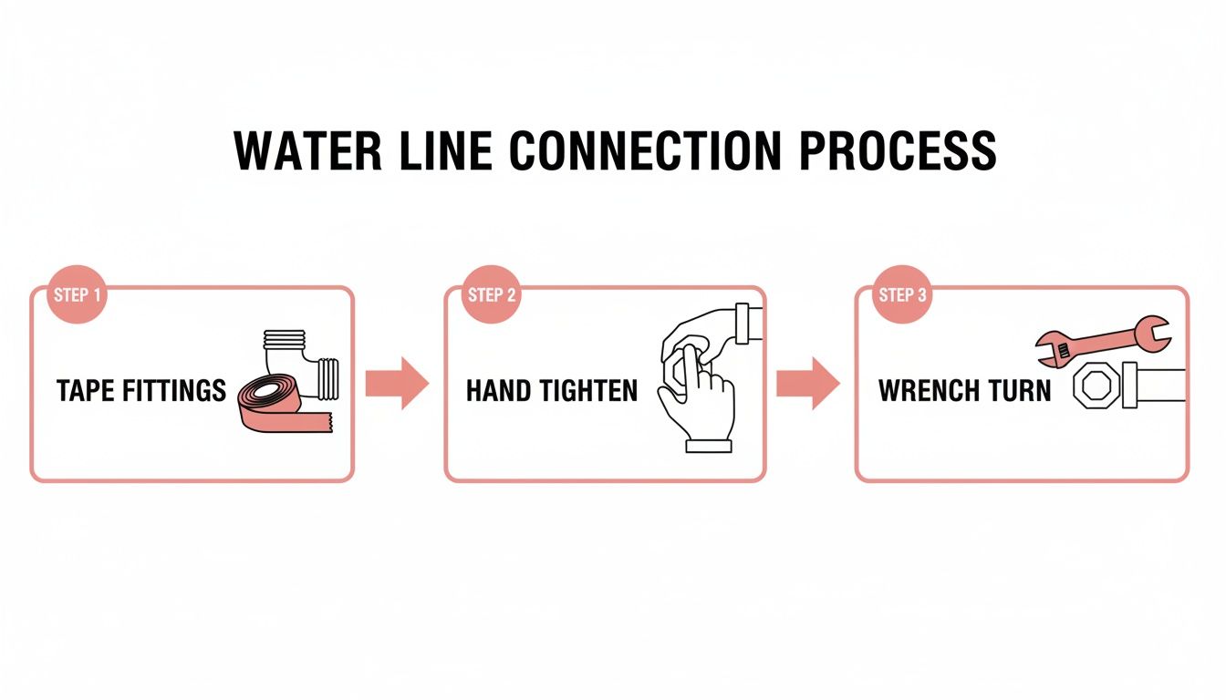 Diagram illustrating three steps for water line connection: tape fittings, hand tighten, and wrench turn.
