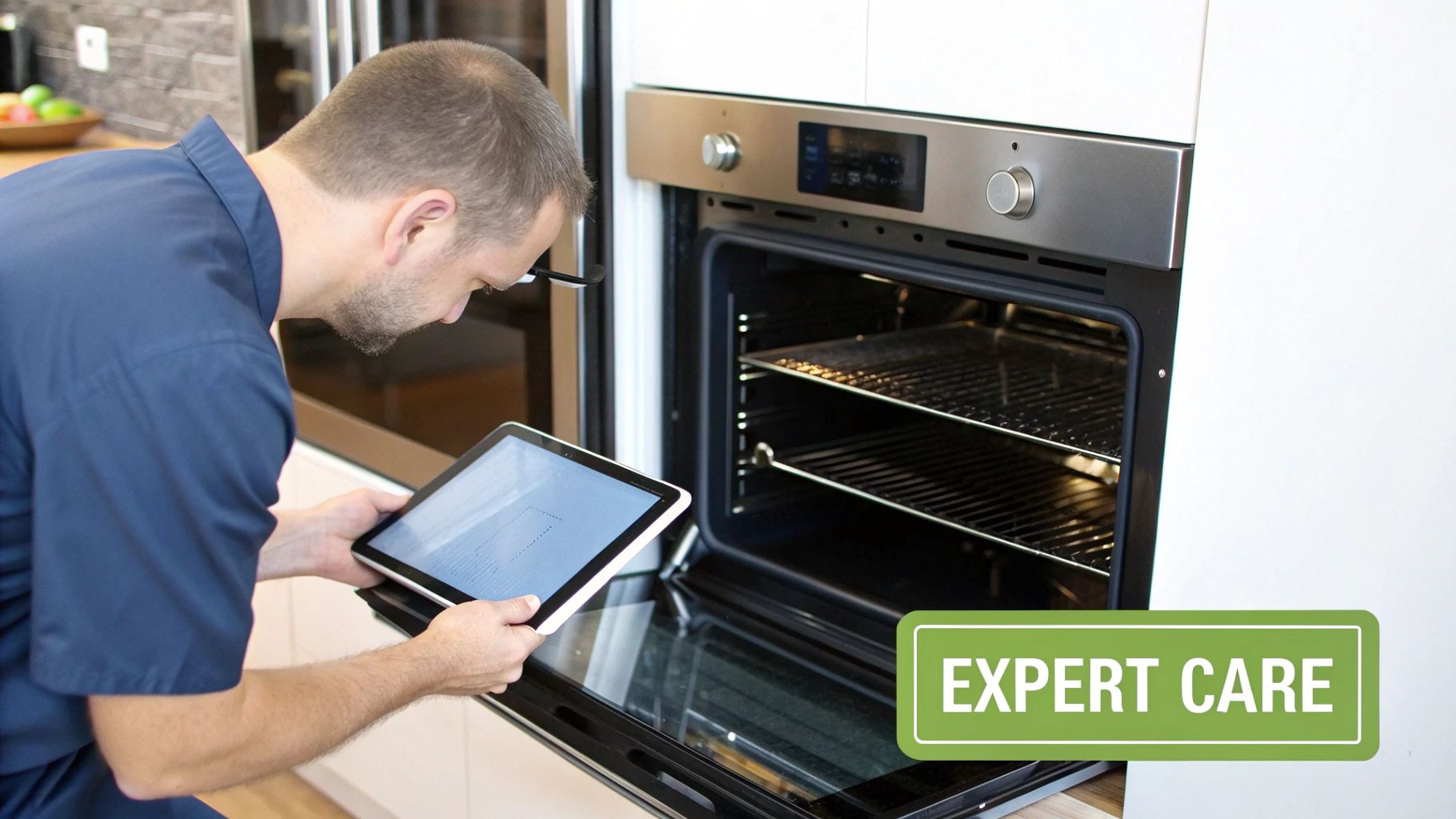 A service technician inspects an open, built-in kitchen oven with a digital tablet.