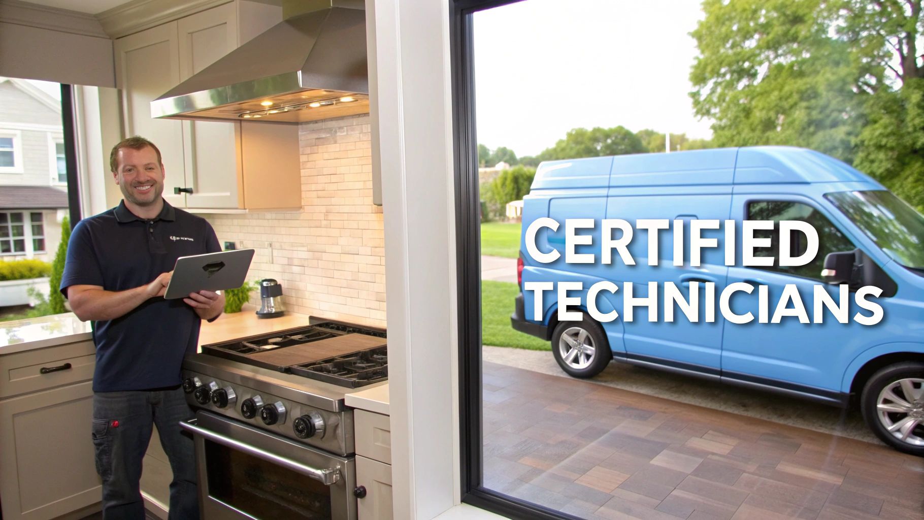 Smiling technician in a modern kitchen holding a tablet, with a 'CERTIFIED TECHNICIANS' van outside.