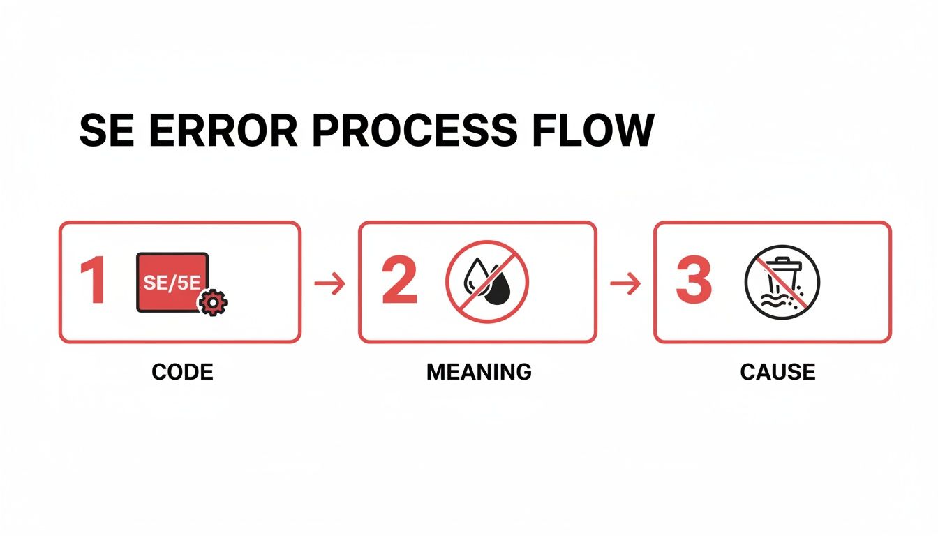 Diagram showing SE error process flow with steps: Code, Meaning (no water), Cause (clogged drain).