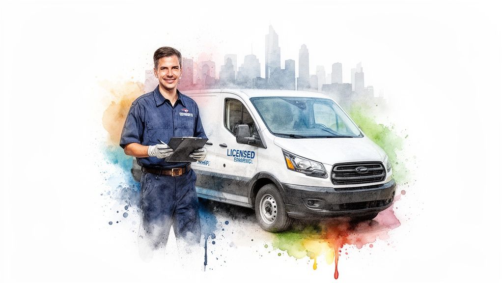 A smiling licensed technician in uniform holds a clipboard next to a white service van with a cityscape background.
