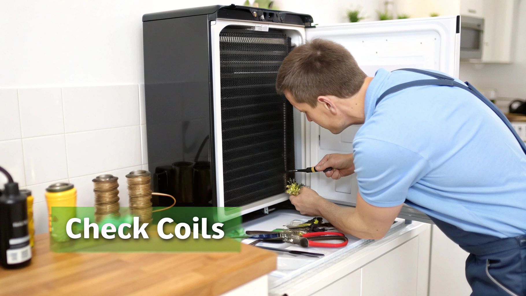 A technician meticulously cleans the evaporator coils inside an open black refrigerator unit with a small brush.