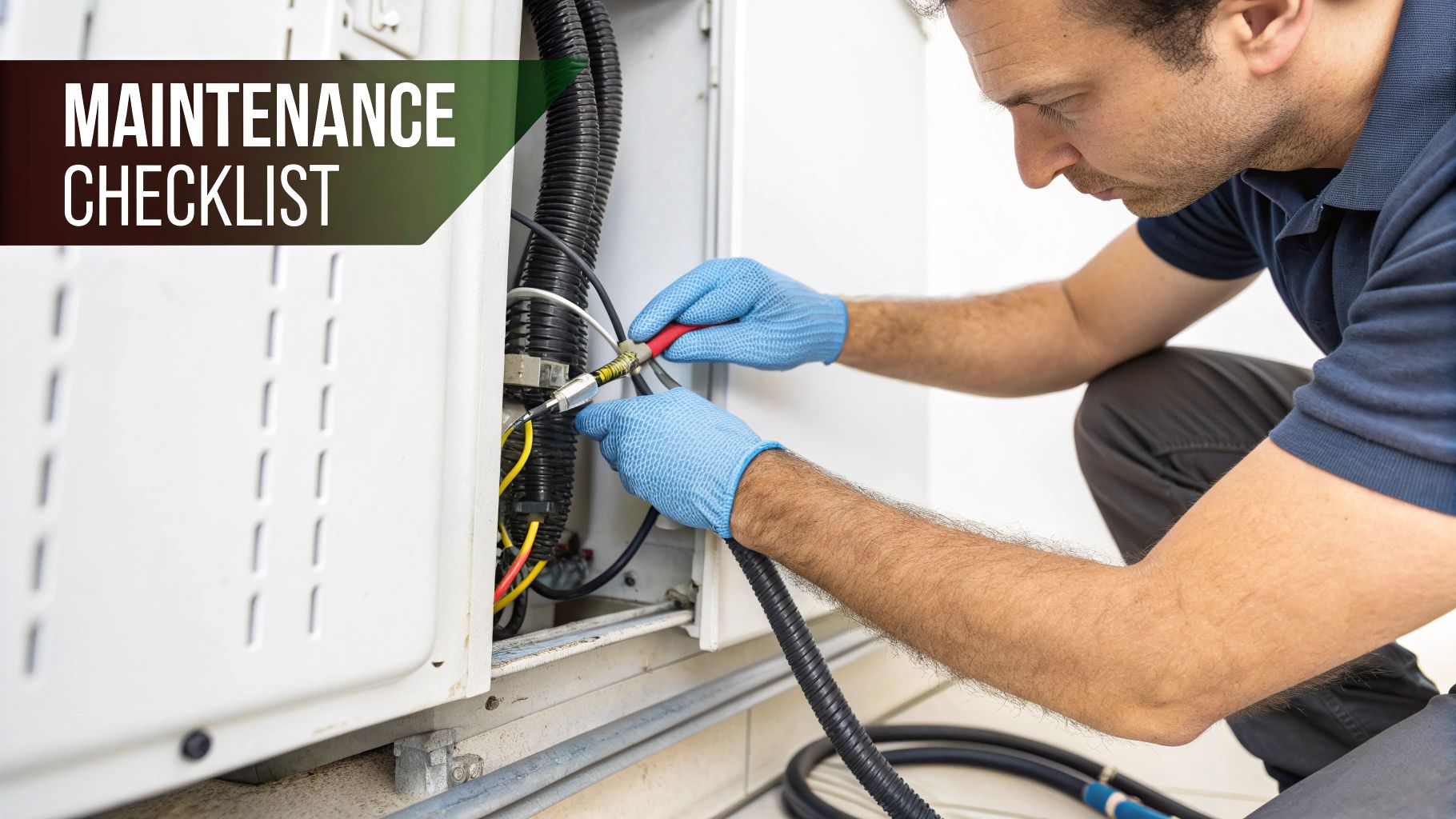 A man in blue gloves performing maintenance on electrical wiring inside a service panel.