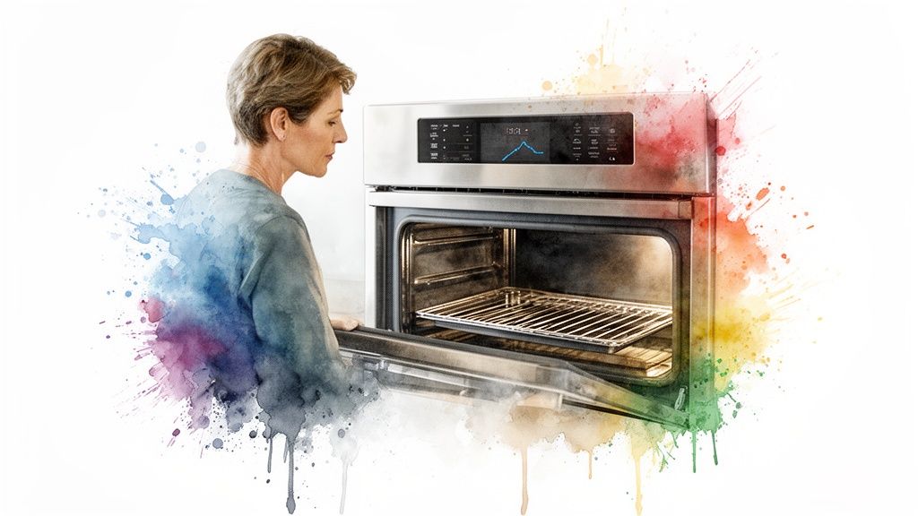 Woman inspecting an open modern stainless steel wall oven with a digital display, surrounded by watercolor art.