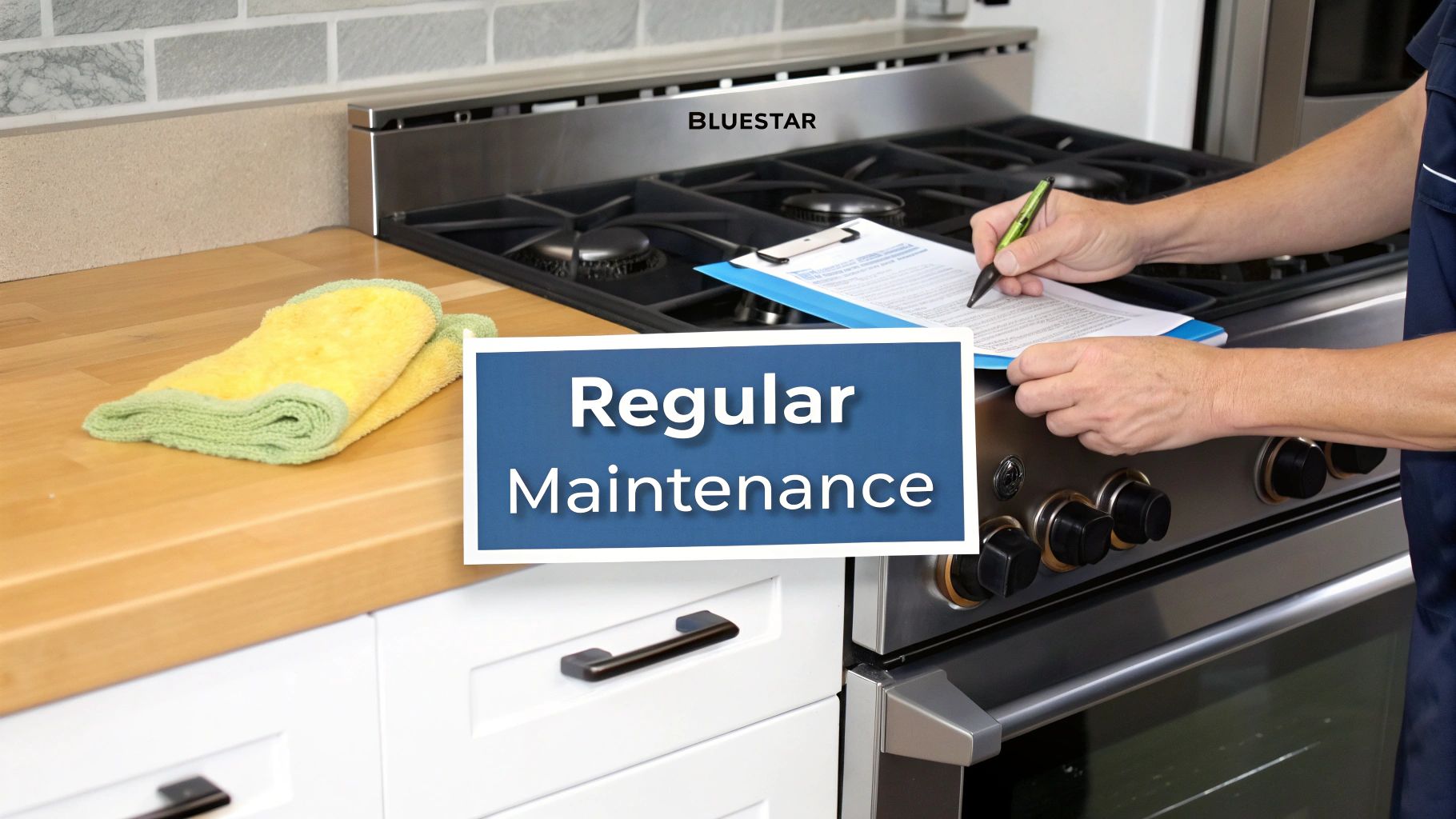 A technician performing regular maintenance on a Bluestar range in a modern kitchen.