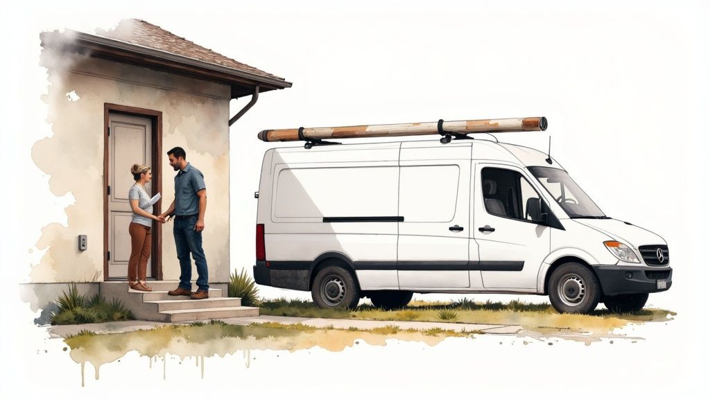 A technician and customer shaking hands outside a house with a white service van.