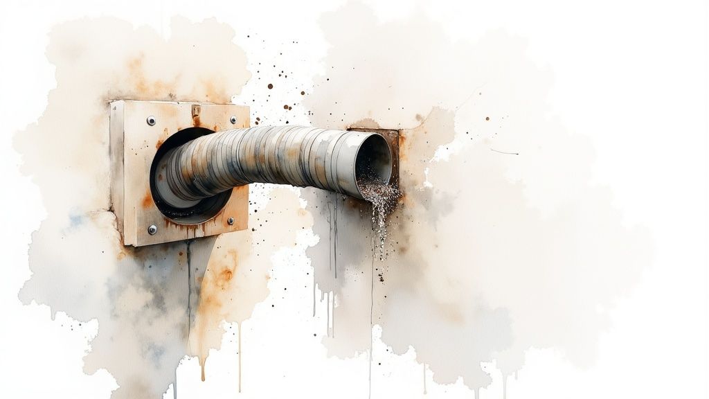 A pipe expelling dirty water and particles from a weathered wall, with grunge watercolor effects.