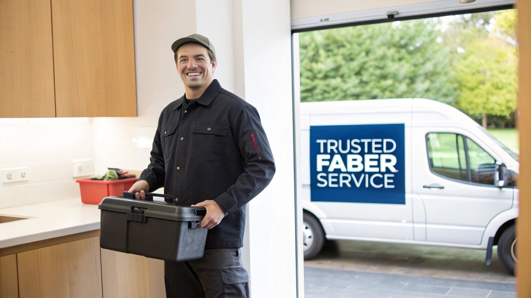 A smiling Faber service technician in a work uniform holds a toolbox in a kitchen doorway, with a service van outside.