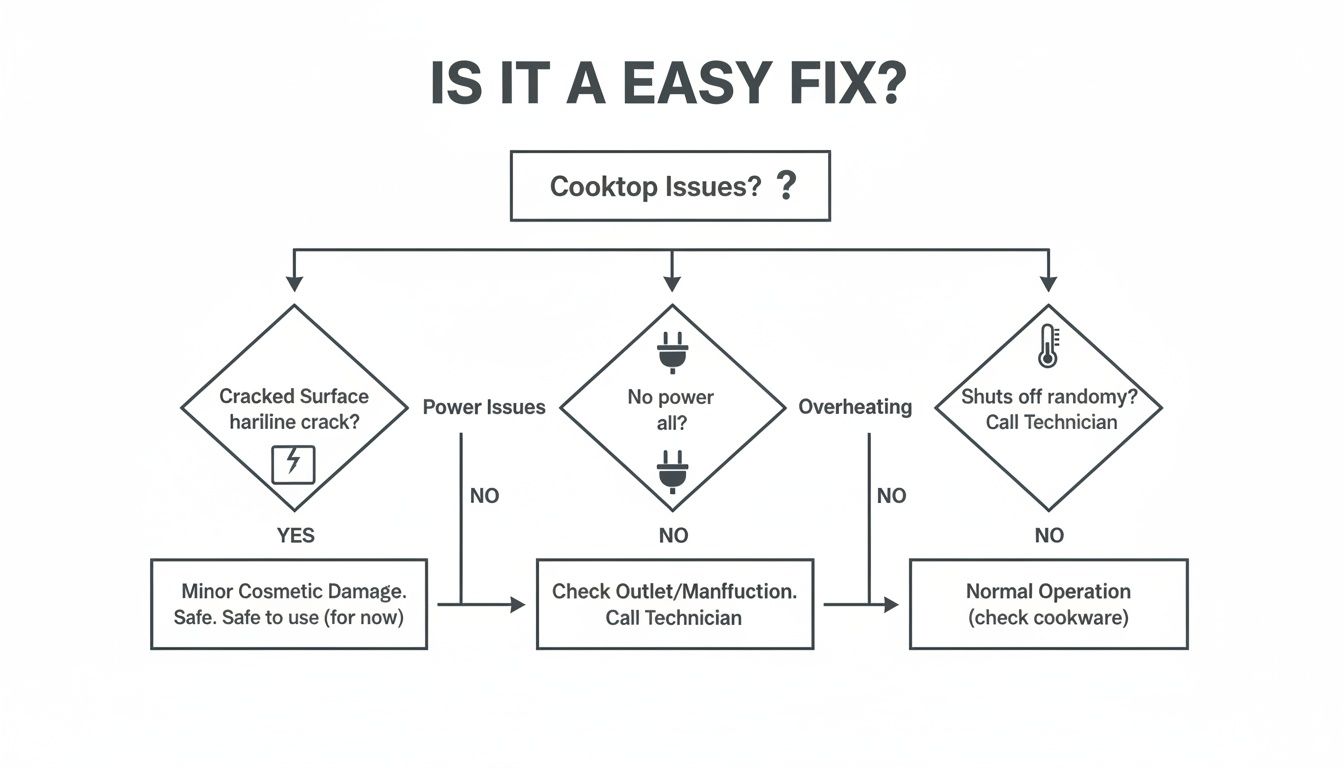 Decision tree for cooktop issues, covering cracked surface, power problems, and overheating diagnoses.