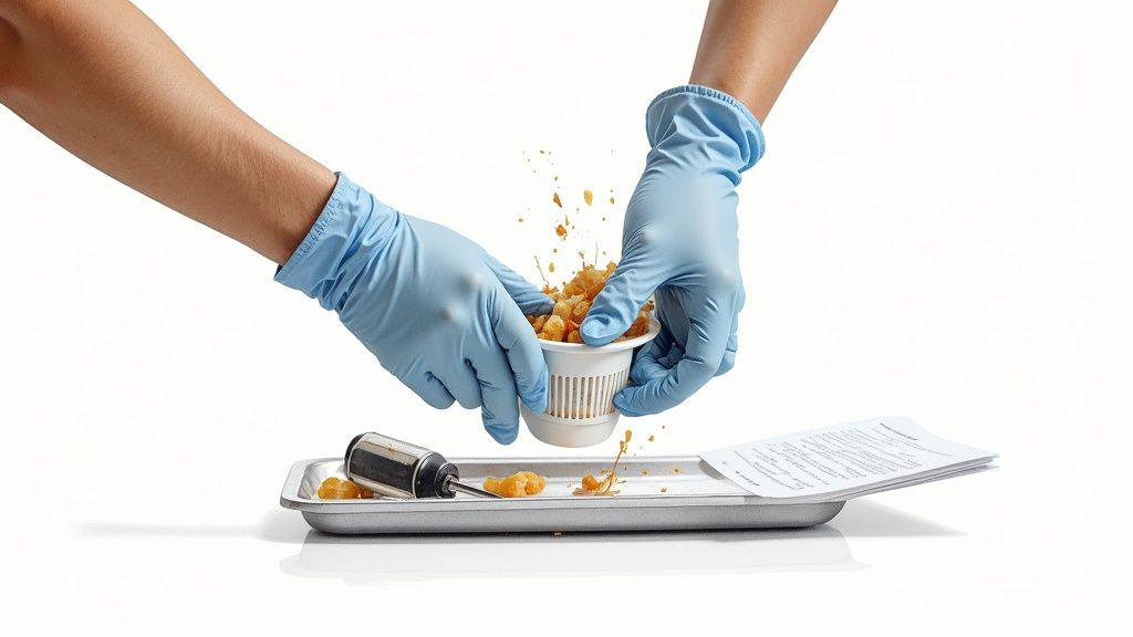 Gloved hands carefully empty food debris from a filter cup onto a repair tray with tools.
