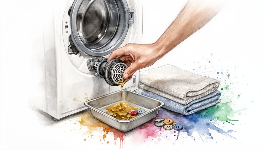A hand removes a washing machine filter, draining water and coins into a tray.