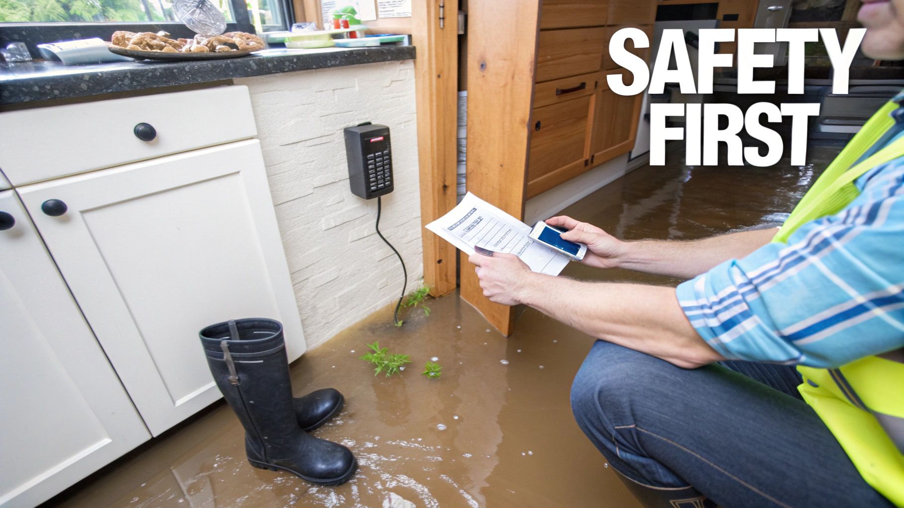 A person in a safety vest assesses flood damage in a kitchen with boots, text 'SAFETY FIRST'.